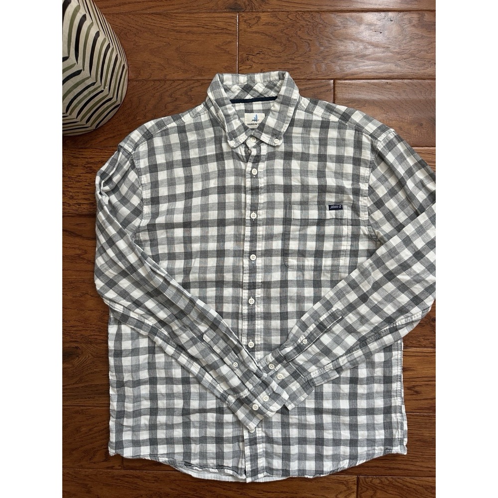 Johnnie-O Hangin Out Long Sleeve Shirt Mens L Grey White Double Cloth Plaid